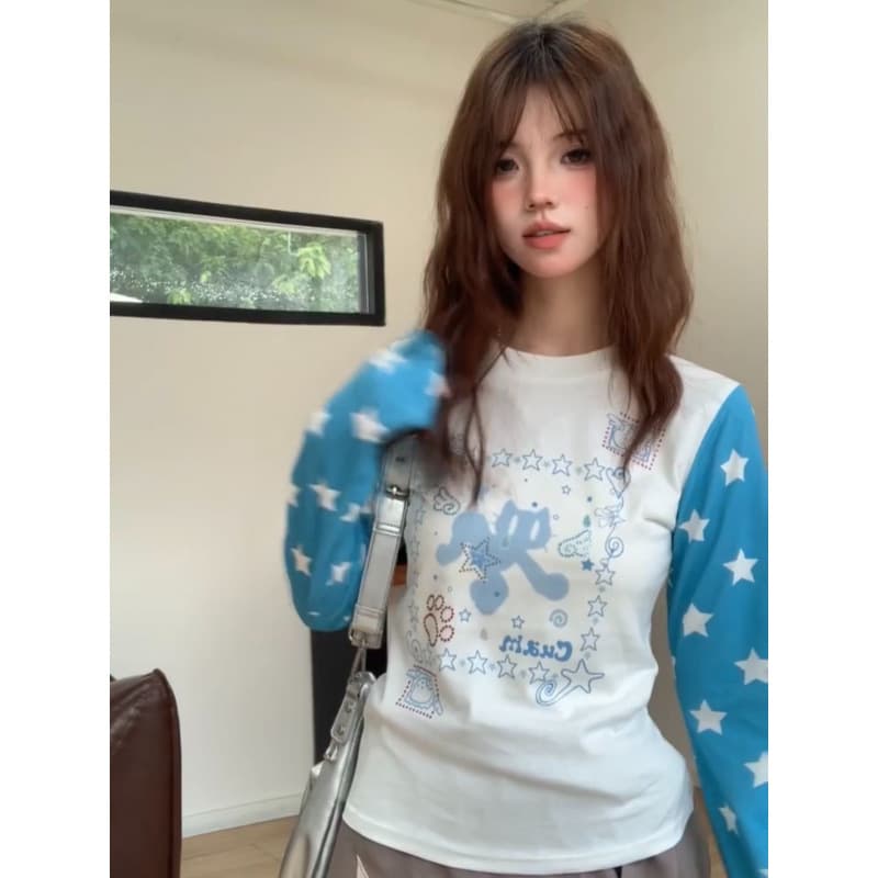 American Retro Y2K Light Contrast Star Print Long-Sleeve T-Shirt for Women, Early Fall New Slim Fit Short Top