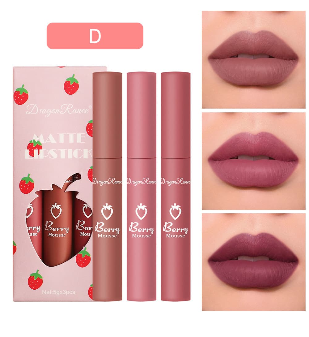 3-Piece Strawberry Set Velvet Matte Lip Glaze Lipstick Lip Gloss Cute Set for Women