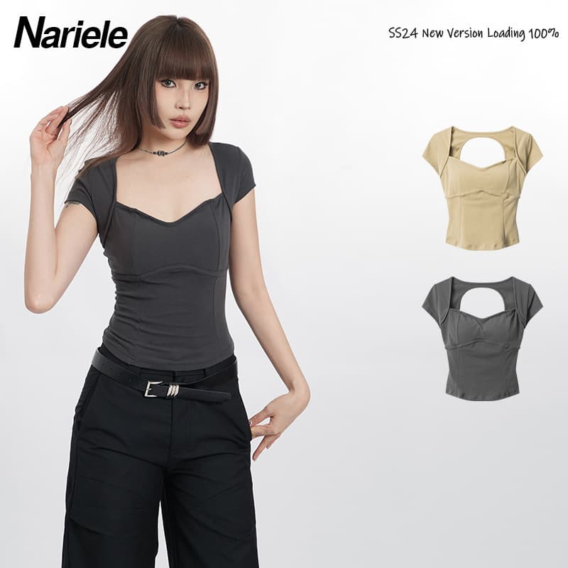 HeyHenry Summer Sexy Short Sleeve T-Shirt for Women, Ins Style Pure and Alluring Hot Girl Back Hollow Twist Waist Top