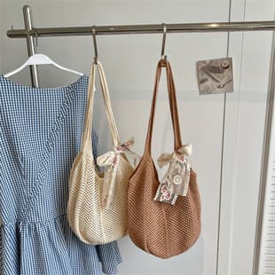 Hollow Straw Woven Bag Beach Lazy Style Casual Woven Bag Large Capacity New Handbag Single Shoulder Bag Women No Students