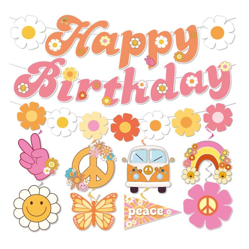 Happy Birthday Banner - Trendy Birthday Decoration Hanging Banner Garland for Hippie Birthday Party