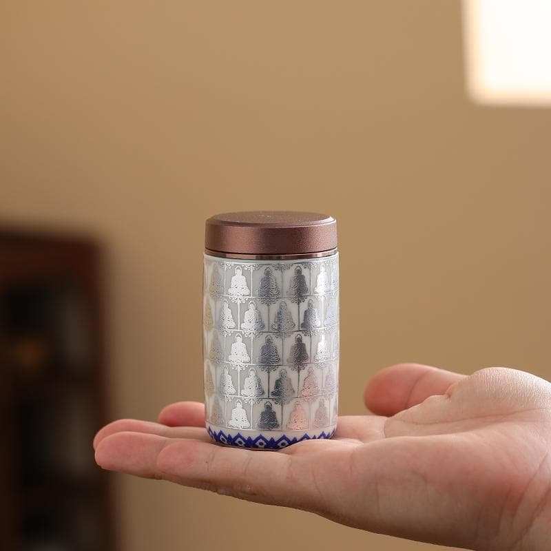 Gilded Silver Ten Thousand Buddha Small Tea Canister, Travel Portable Tea Storage Can, Home Storage Can, Chinese Style Ceramic Airtight Moisture-Proof Can