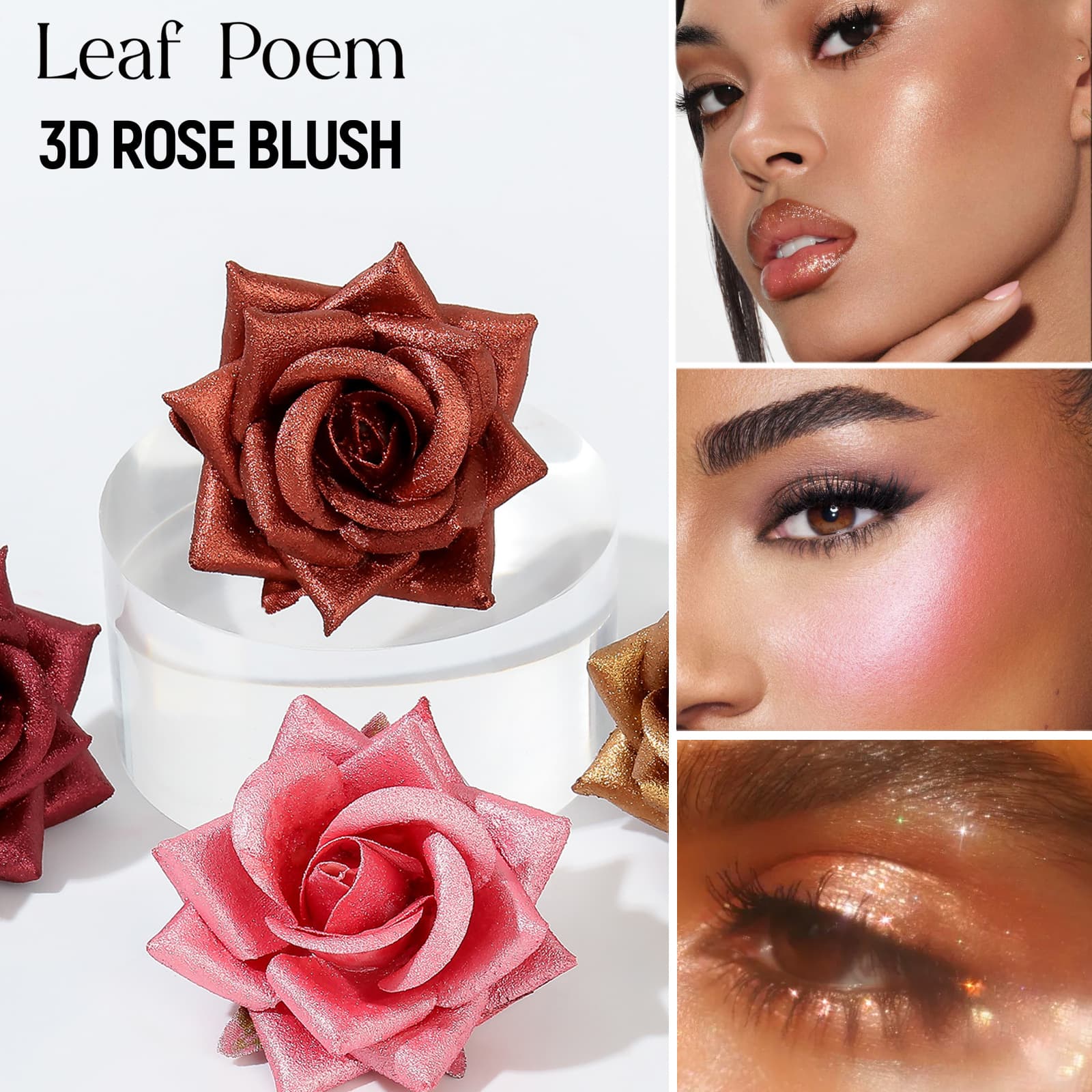 Cross-border makeup LEAF P0EM 3D three-dimensional rose high-gloss blush naturally enhances complexion, sets makeup and is easy to color