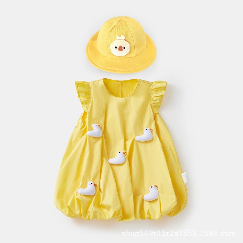 2025 Baby Girl Summer Little Yellow Duck Princess Dress Baby Dress 3692 Children's Flying Sleeve Dress for Small and Medium-Sized Children