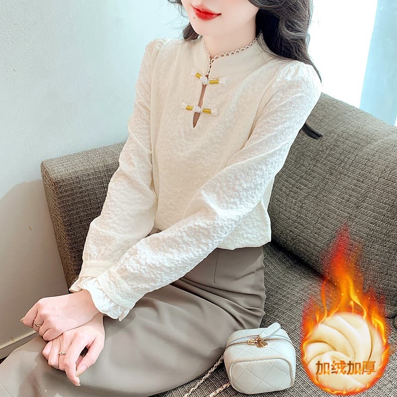 Retro Stand-up Collar Frog Button Blouse Women Autumn/Winter New Fleece Lined Thickened Base Shirt Chic Unique New Chinese Style Top