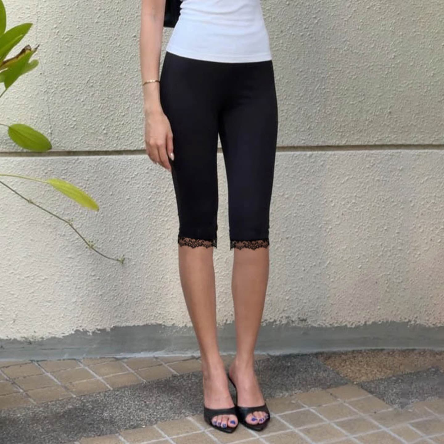European and American casual lace hem knitted leggings, cross-border low-waist slim-fit basic versatile capri pants