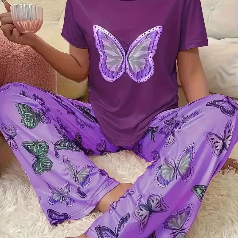 Factory Direct Cross-Border Spring/Summer 3D Printed Butterfly Pattern Pajama Short Sleeve and Long Pants Set Women's Homewear