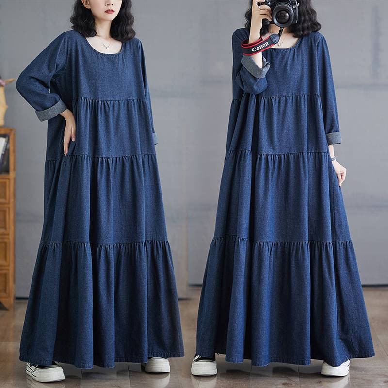 Tall Women's Denim Dress Spring Autumn Vintage French Style Long Dress Loose Long Sleeve Flared Tiered Skirt