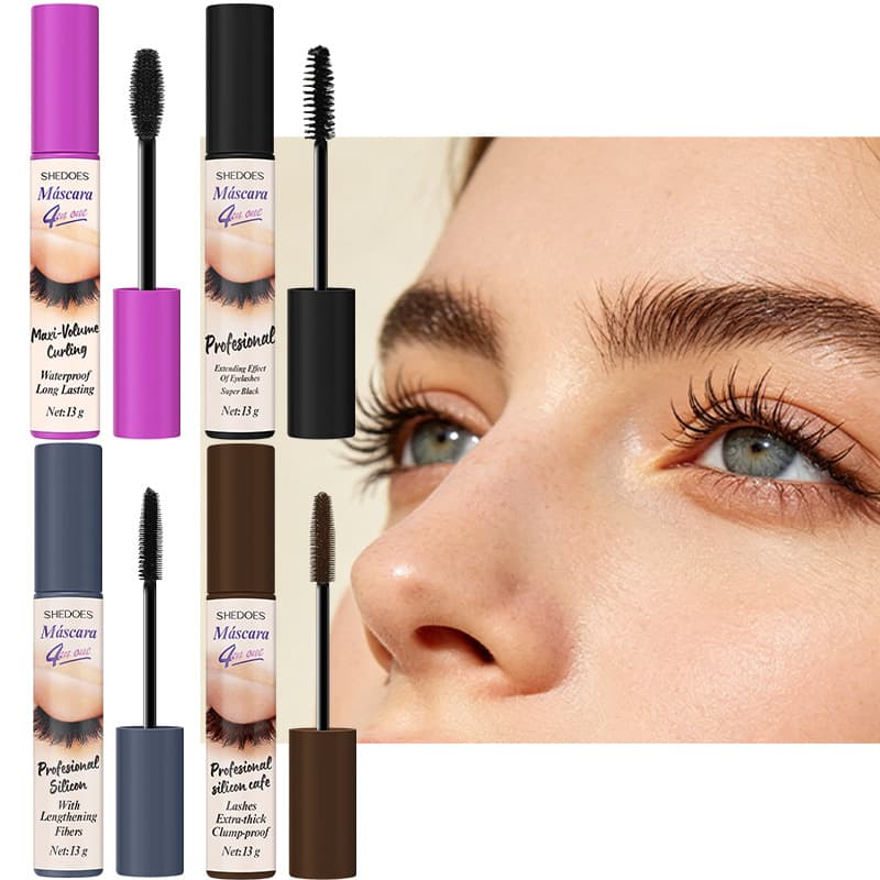 4Pcs-Volume-Boosting Mascara - Multiple Brush Heads, Waterproof and Sweat-Proof, Curls and Thickens Lashes, Defines Each Lash, Enlarges the Eyes
