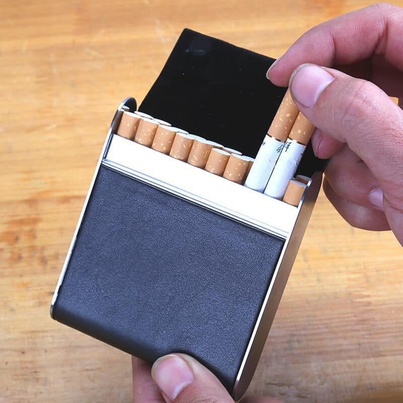 20-Pack Cigarette Case Leather Cigarette Pouch Men's Stainless Steel Splicing Storage Box for Thick Cigarettes Magnetic Flip Lid Portable Smoking Accessories