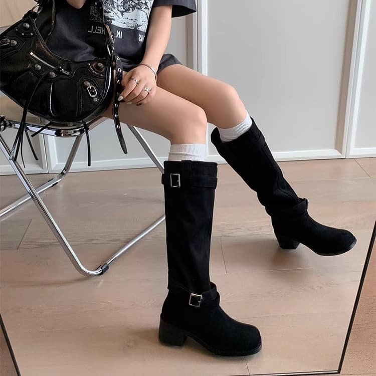 Retro Pleated Round-Toe Chunky Heel Slouch Boots, Genuine Leather Autumn and Winter Long Boots for Women, Suede Over-The-Knee High Boots