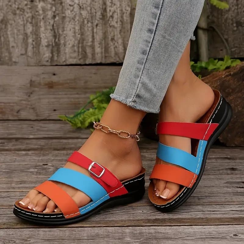 Cross-border Plus Size Wedge Slippers for Women 2025 New Style One-Strap Fashion Color-Block Leather Buckle Peep-Toe Sandals Wholesale
