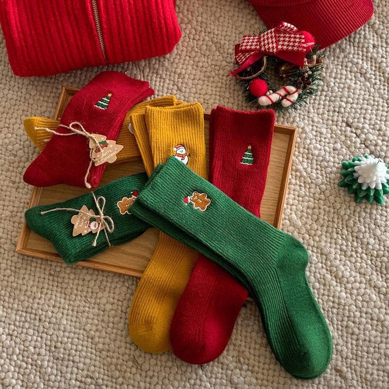 New Double Needle Embroidery Snowman Socks Ins Trendy Gift Warm Christmas Reindeer Versatile Red Christmas Socks Cotton
