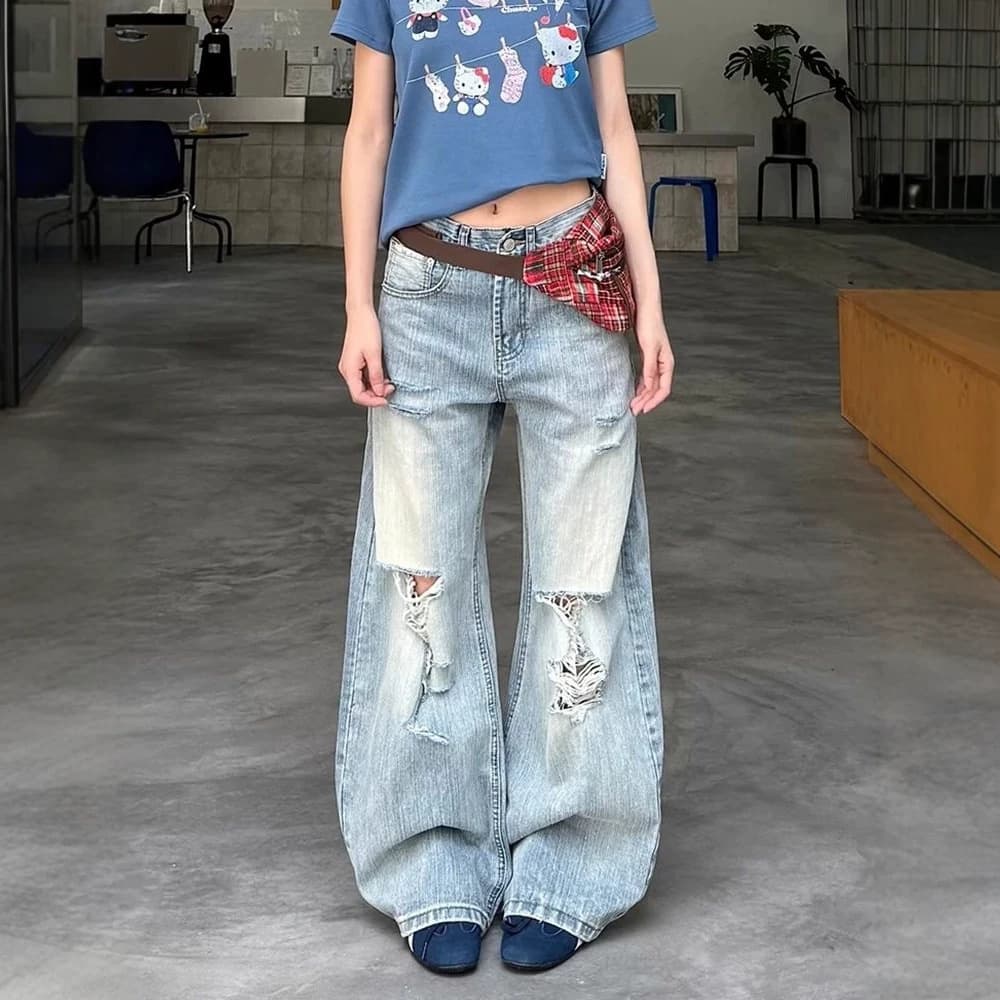 American hot girl ripped wide-leg jeans wide-leg loose slimming straight-leg floor-length wide-leg jeans for small people