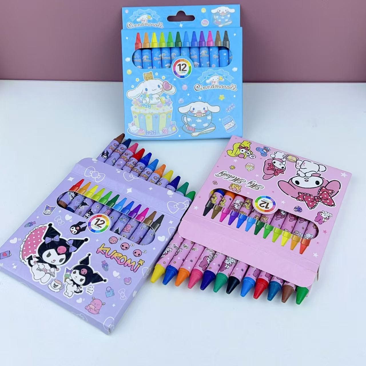 Sanrio 12-Color Mini Crayons for Kindergarten Students, Drawing and Coloring Pens, Non-Smudge, Safety Certified