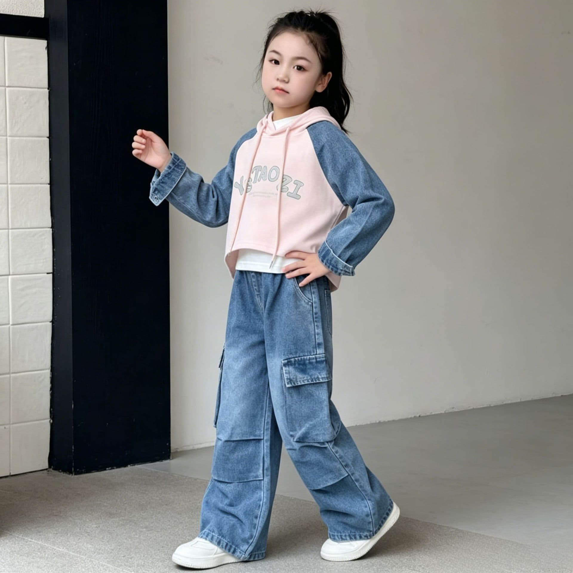 kidssets Girls Denim Cargo Pants Multi-Pocket American Style Mid-Large Kids Wide-Leg Pants Spliced Casual Three-Piece Set