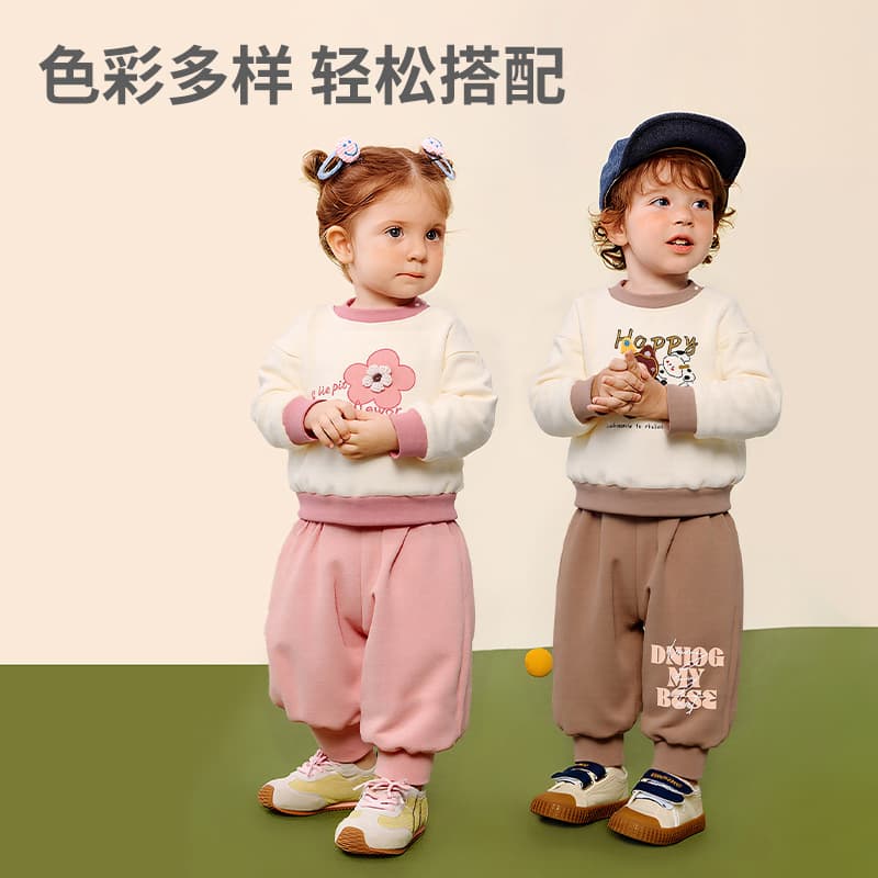 Fall Hoodie Set Two-Piece Outfit Fleece-Lined Warm Thick Hoodie Outdoor Wear Baby Sportswear Casual Autumn Clothing