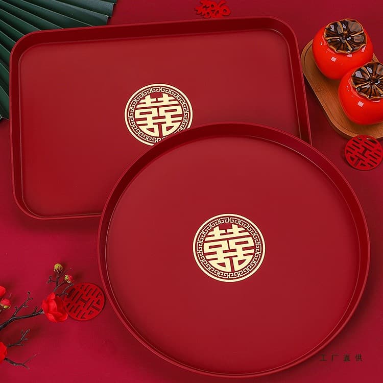 Red Wedding Happy Plate Tea Cup Tray Home Large Size Happy Character Fruit Plate Wedding Tea Serving Tray Wedding Supplies Complete Set