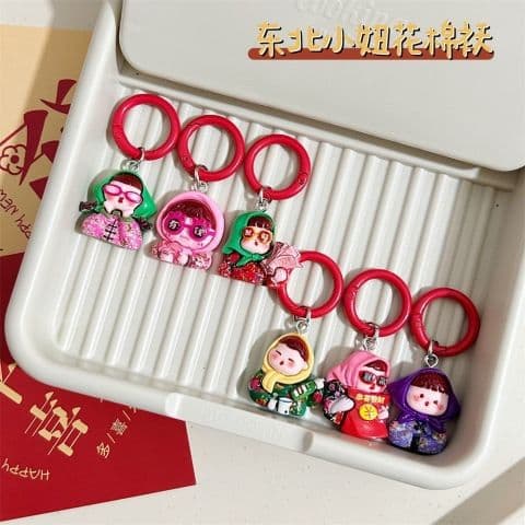 Cartoon Northeastern Girl Keychain, Floral Cotton Padded Jacket, Ugly-Cute Wealth Charm, Student Bag Pendant, Best Friend Gift Accessory