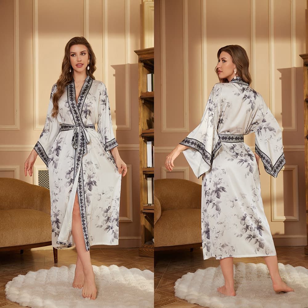 Cross-border Pajamas Women Amazon Spring Autumn European American Morning Robe Long Sleeve Long Robe Bathrobe Women Thin High-end Satin Dressing Gown