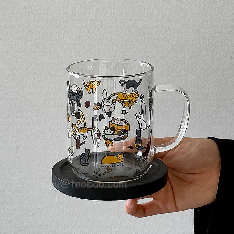 Niche Korean Illustration Ins Style Cute Cat Glass Cup Coffee Cup Milk Cup Heat-Resistant Water Cup Mug