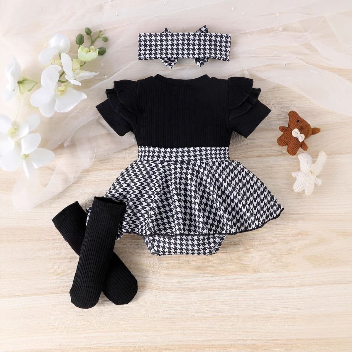 Ins Style Summer European American Baby New Little Chanel-Inspired Set: Striped Romper with Flutter Sleeves and Shorts, Romper Dress + Headband
