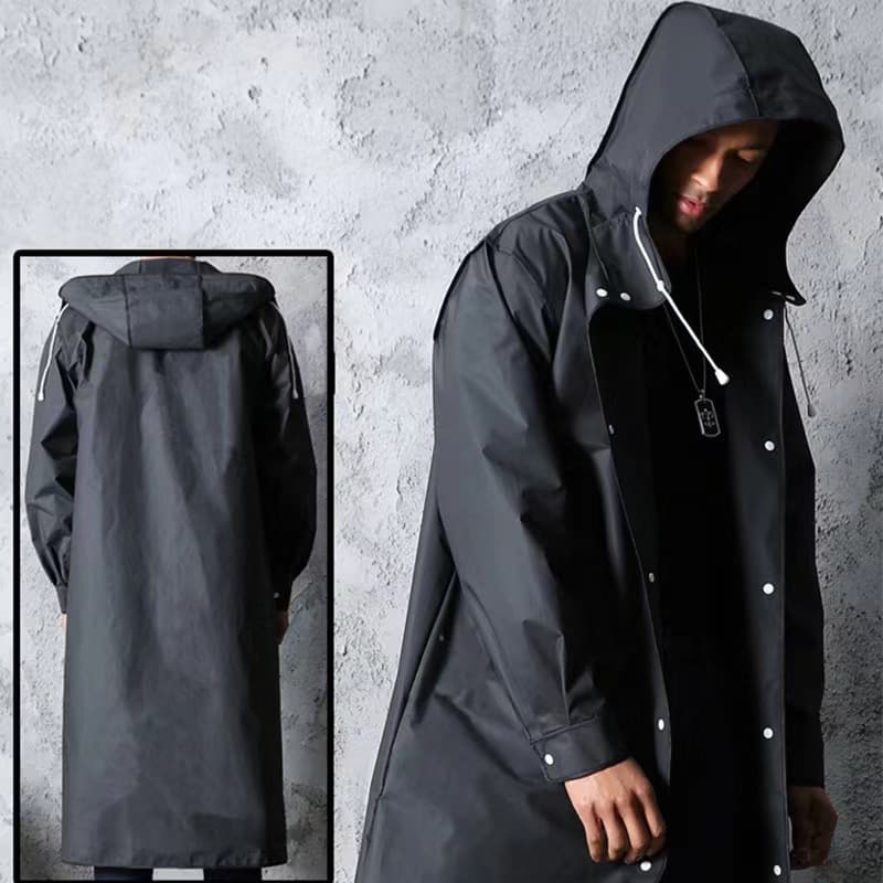 Black Adult Trench Coat Style EVA Raincoat Windproof Hooded Rain Poncho Extended Length Thickened Fishing Rain Poncho
