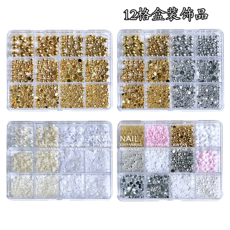 12-Grid Box Butterfly Pearl Rivet Steel Ball Set Half-Round Pearl Diamond Mixed Nail Art Accessories Hot Sale