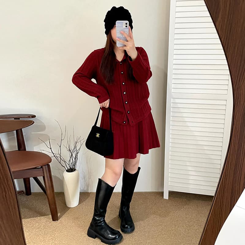 Plus Size Women's Chanel-Style Knit Set 2025 Winter - Navy Collar Top and Skirt Two-Piece Set 23376