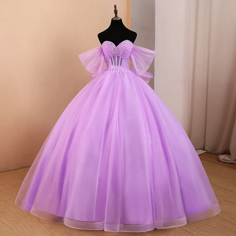 Cross-border supply banquet evening dress palace style 2026 light purple flying sleeves large hem skirt bride wedding dress supply