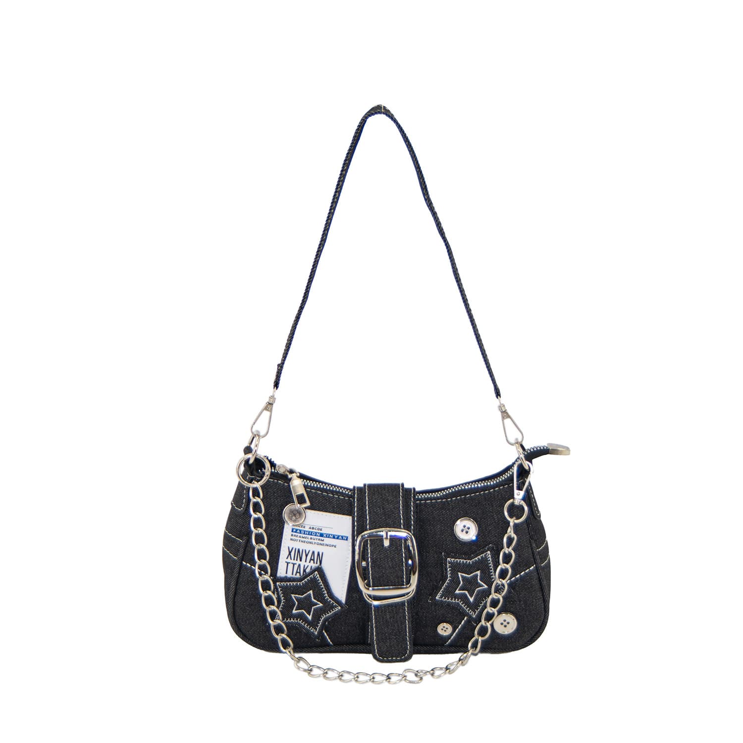 New fashionable personality Millennium hot girl y2k hot girl black star denim armpit bag niche crossbody chain bag