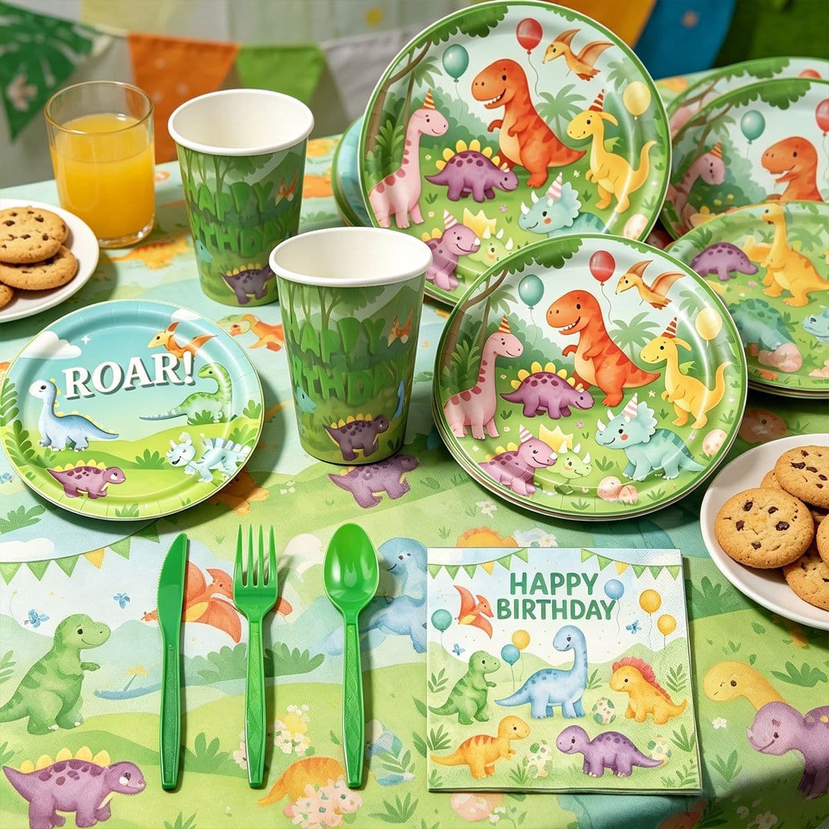 Cartoon Colorful Dinosaur Party Paper Cups Paper Plate Tissue Paper Tablecloth Banner Cake Inserts Decoration Supplies Party Tableware