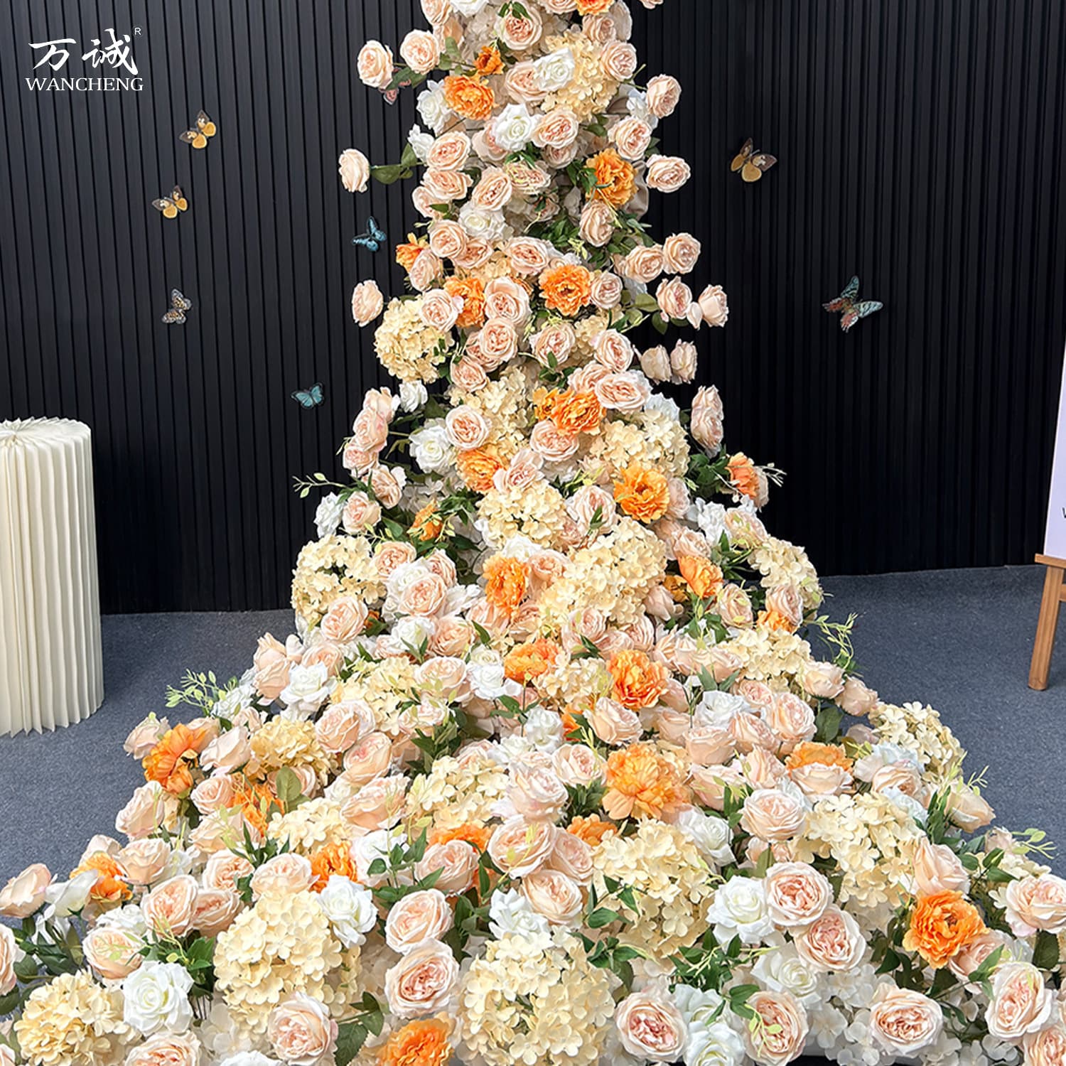 3.4m Extra Large Champagne Rose Waterfall Artificial Flower Wall for Shopping Mall Photo Booth Fake Rose Wall Wedding Decoration