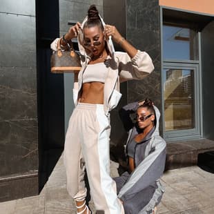 2026 Export European American Suede Contrast Two-Piece Set Hooded Zipper Jacket Cinched Waist Color-Block Cuffed Pants Suit