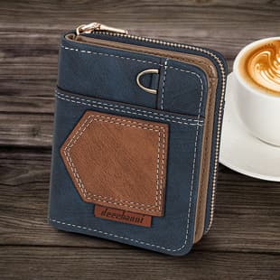 New Patchwork Men's Dollar Wallet Simple Foldable Compact Vintage Coin Wallet European and American Business Two-Fold Zipper Coin