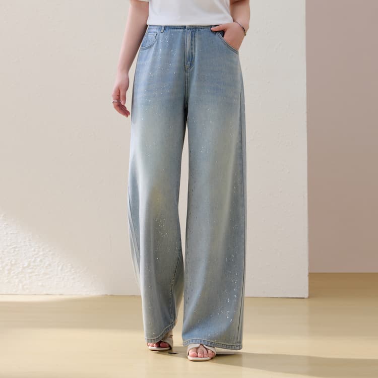 Fashionable Rhinestone Denim Jeans - Xianlixiu Plus Size Women's Loose Wide-Leg Pants for Plus Size 2026 Summer New Arrival