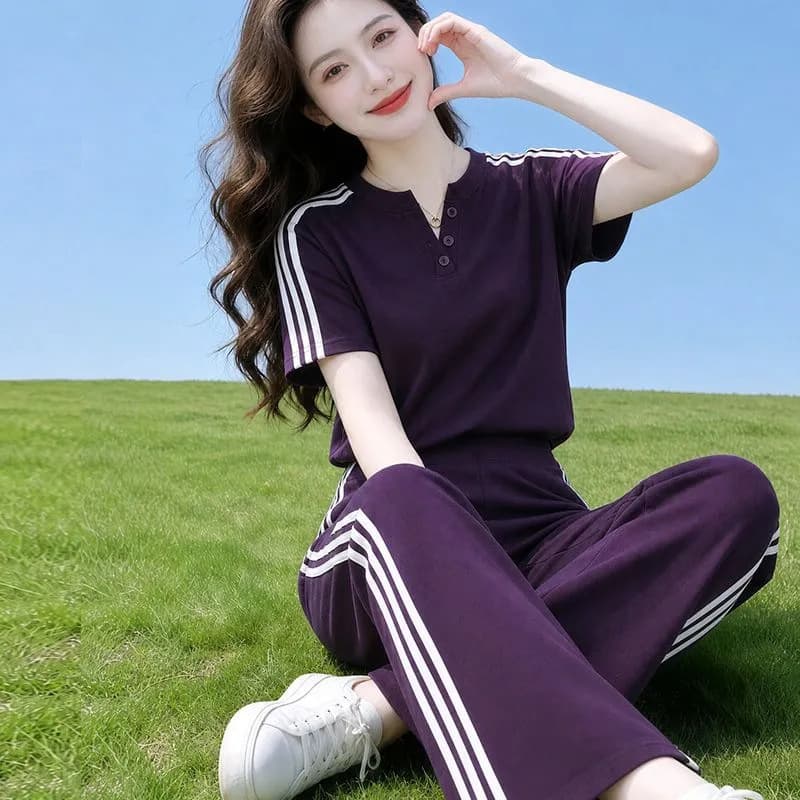Plus Size Purple Fashion Sport Set for Women New Summer Youthful Slimming Casual Short Sleeve Wide Leg Pants Two Piece Trendy
