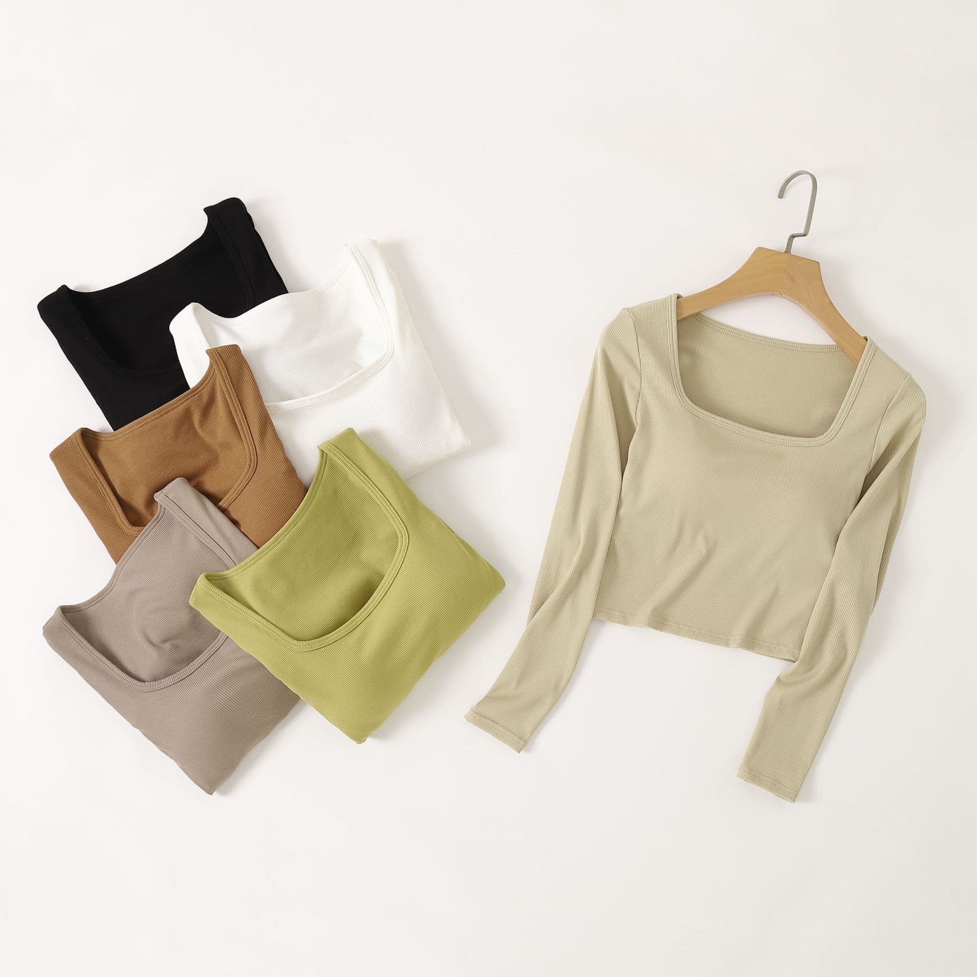 Built-In Bra Integrated Crop Square Neck Long-Sleeve Cup Layering Top, Summer Short Style Wire-Free Women's Inner Wear T-Shirt