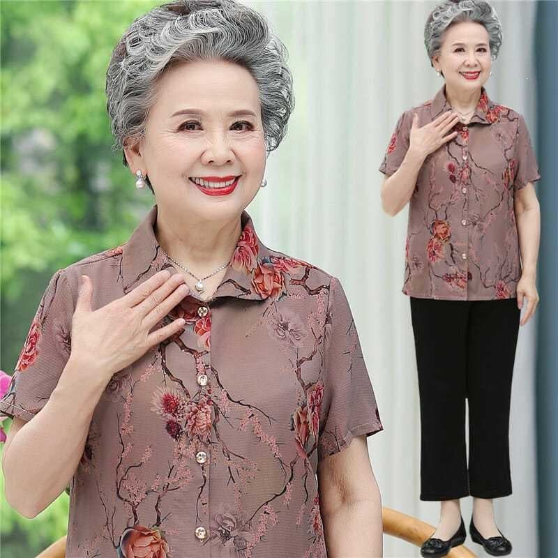 Spring Blouse Short Sleeve Shirt for Women 60 70 Years Old Grandma Outfit Set