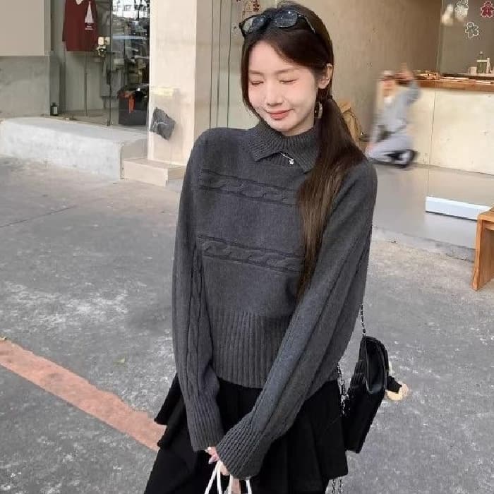 Bejirog Washed Korean-style high-slit lapel twisted waist-knitted sweater with elegant and premium feel