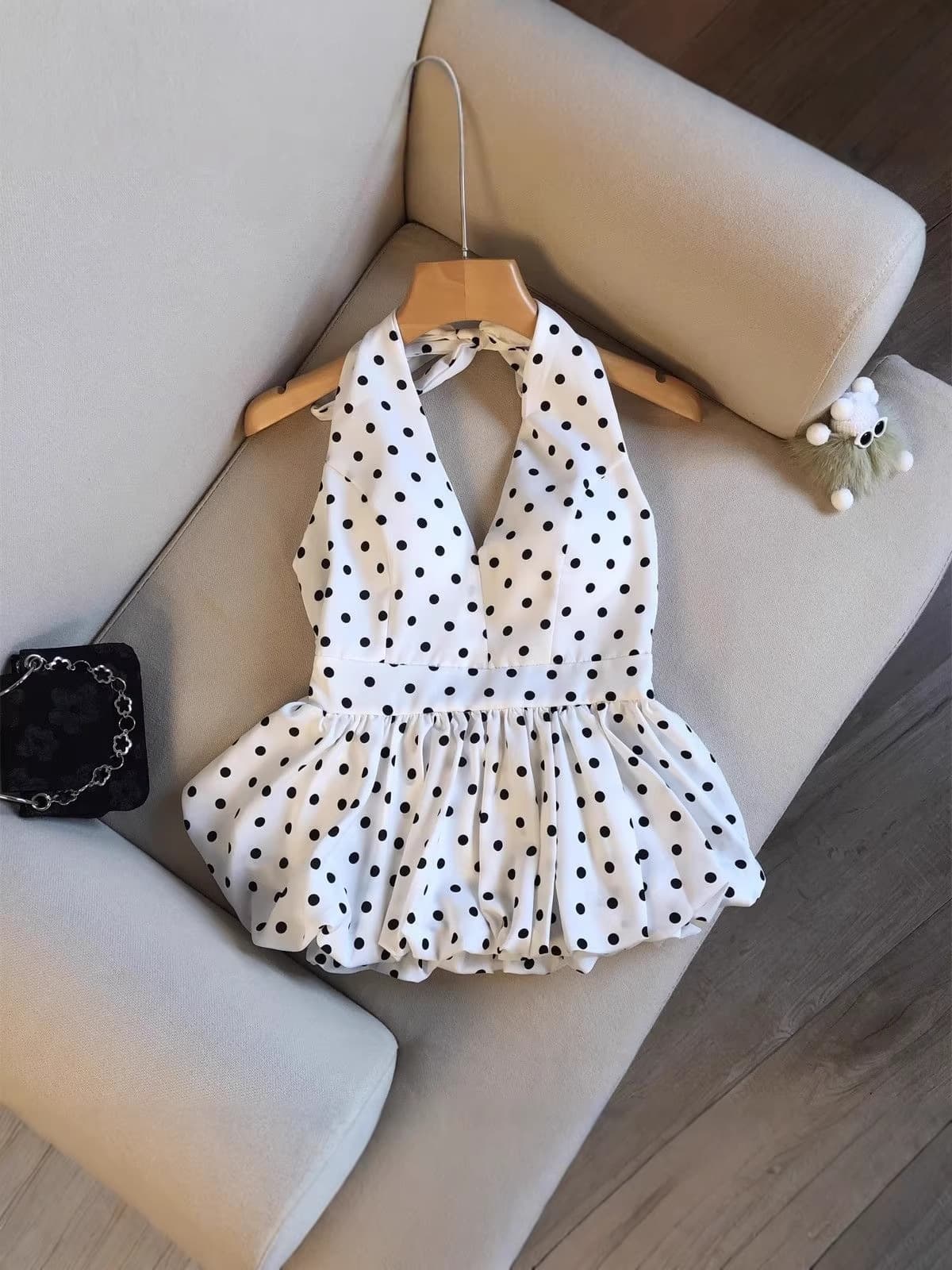 2026 New Trendy Polka Dot Print Halter Camisole for Women Summer Sweetheart Style Waist-Cinching Puff-Sleeve Blossom Top