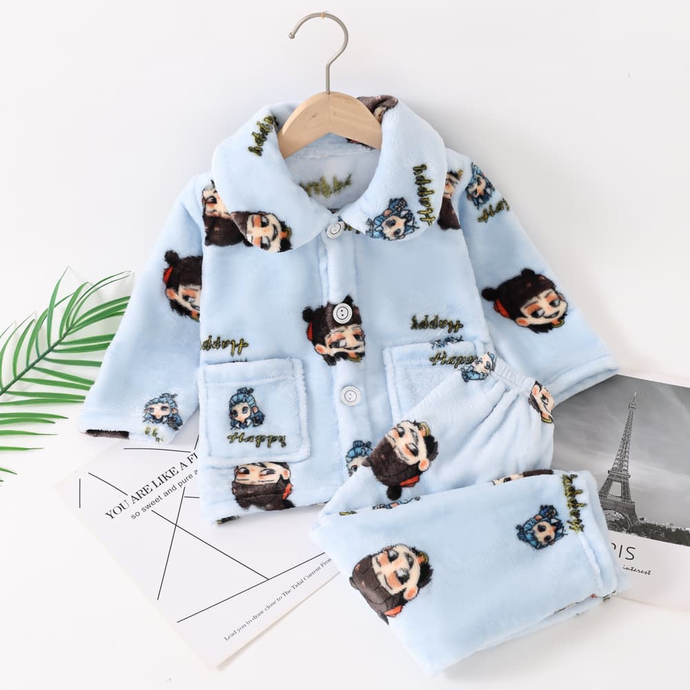 Autumn and winter children's flannel pajamas thickened home clothes for children boys and girls baby coral velvet warm suit