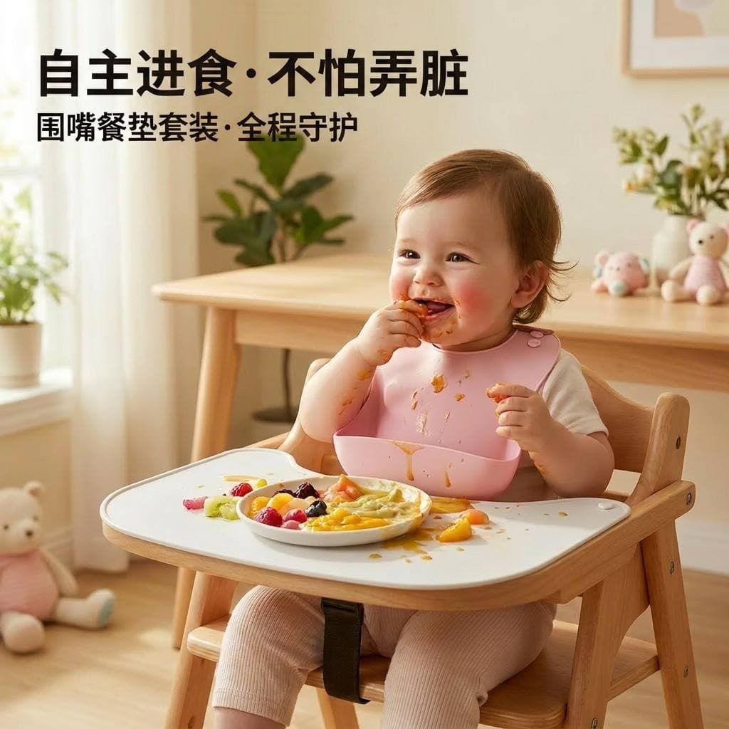 Silicone Baby Bibs, 3D Waterproof Super Soft Rice Pocket Kids Placemat Drool Pocket Set