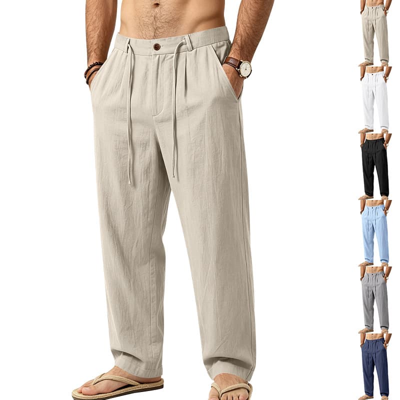 2026 cross-border American new product linen loose men's casual simple commuting versatile drawstring design straight trousers