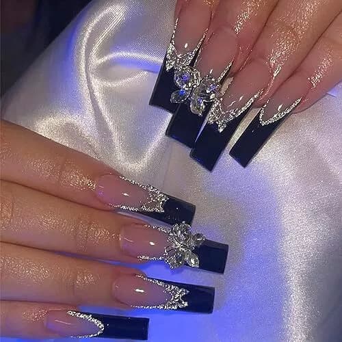 Cross-Border Hot Selling 24-Piece Extended Water Pipe Wearable Nail Tips Shiny Butterfly Rectangle Removable Nails