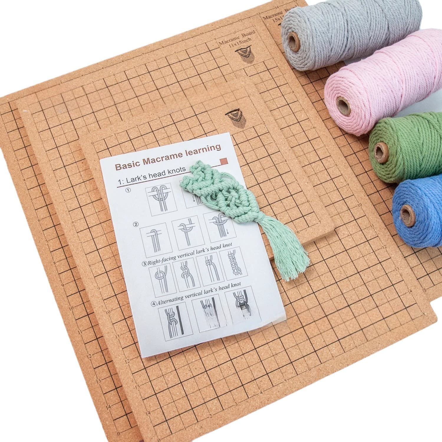 DIY macrame cork board with square padded mat, rope braiding, and cotton rope weaving tools - source and in stock.