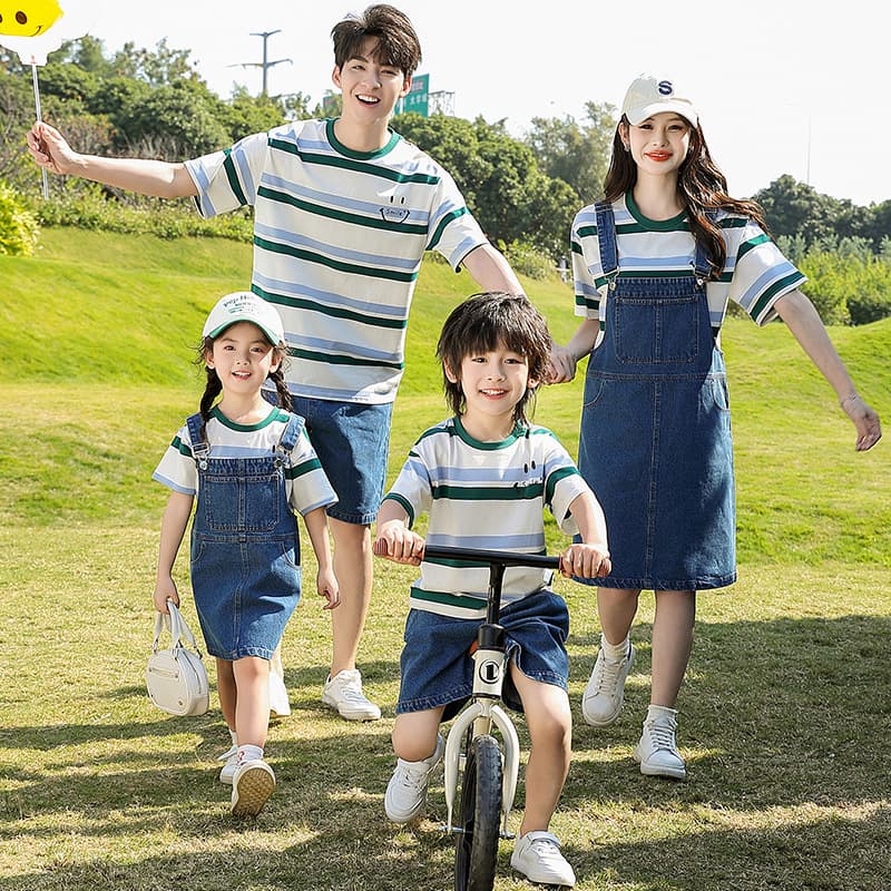 Family Matching Striped Summer Outfit: Mother-Child and Father-Child Suspenders Dress and Striped T-Shirt Set
