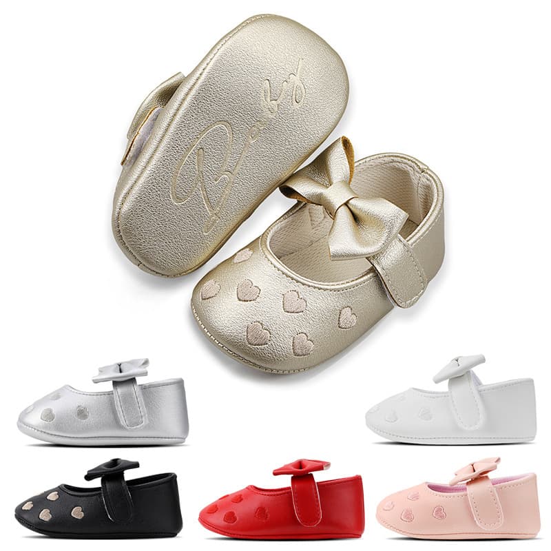 Spring/Autumn Embroidered Heart Baby Walking Shoes with Bow, Soft Sole for 0-1 Year Old Infants, Unisex