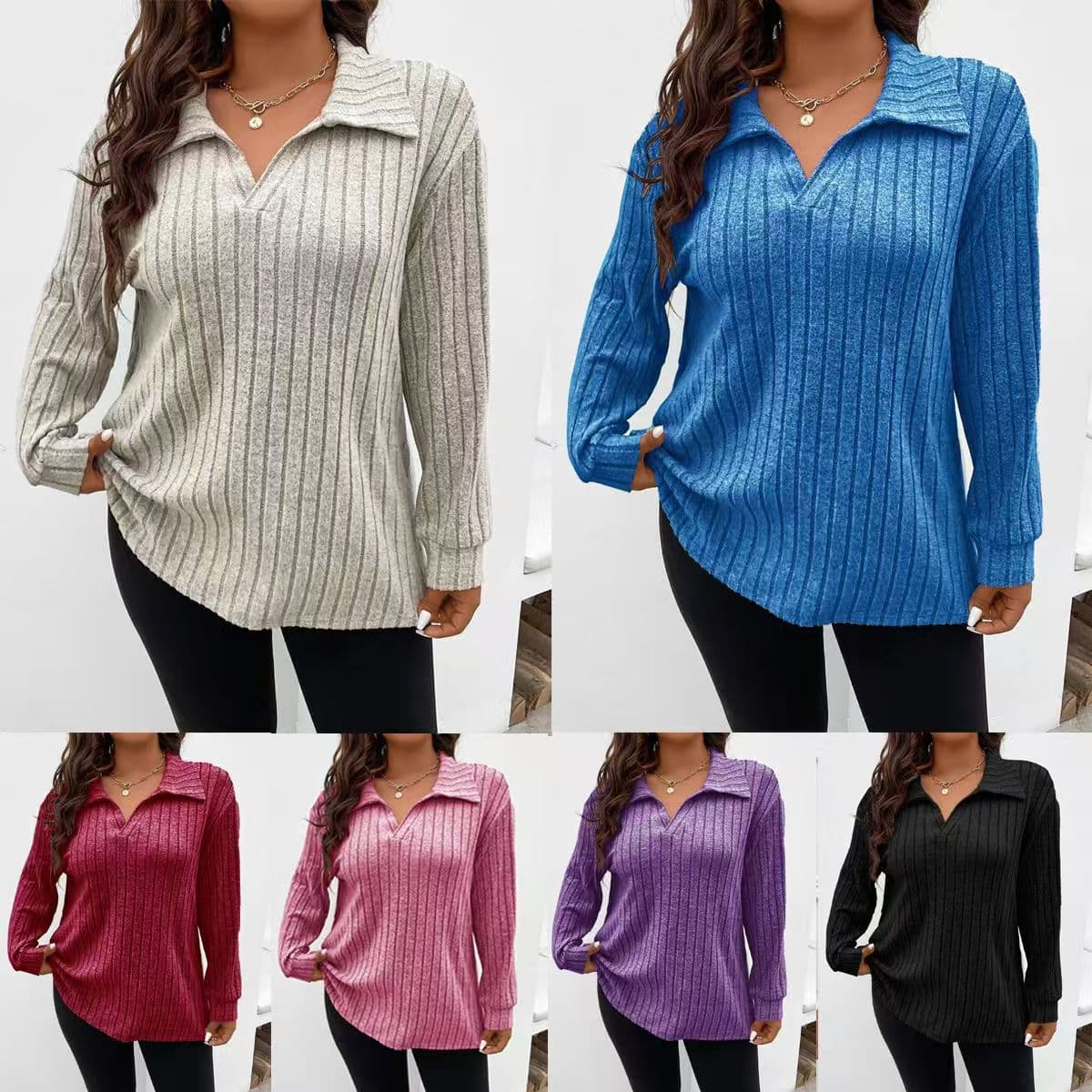2025 Amazon Autumn/Winter New Solid Color Plus Size Women's Top V-Lapel Long Sleeve Ribbed Brushed T-Shirt Loose