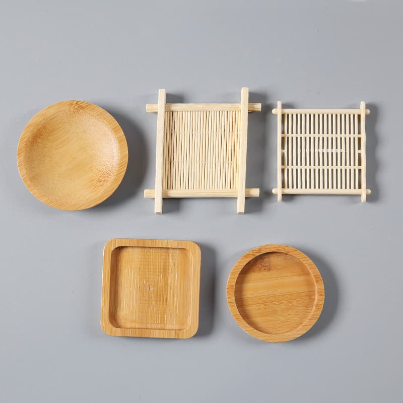 Bamboo Tea Coasters in Grid Pattern, Round or Square Heat Insulation Mats, Tea Saucers for Weddings, Pastries, and Decorative Items